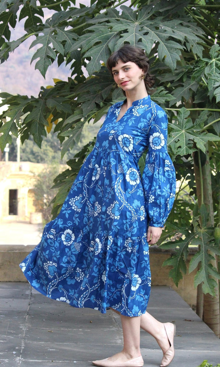 Blue Carnation Balloon Sleeve Dress