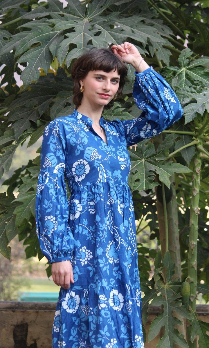 Blue Carnation Balloon Sleeve Dress