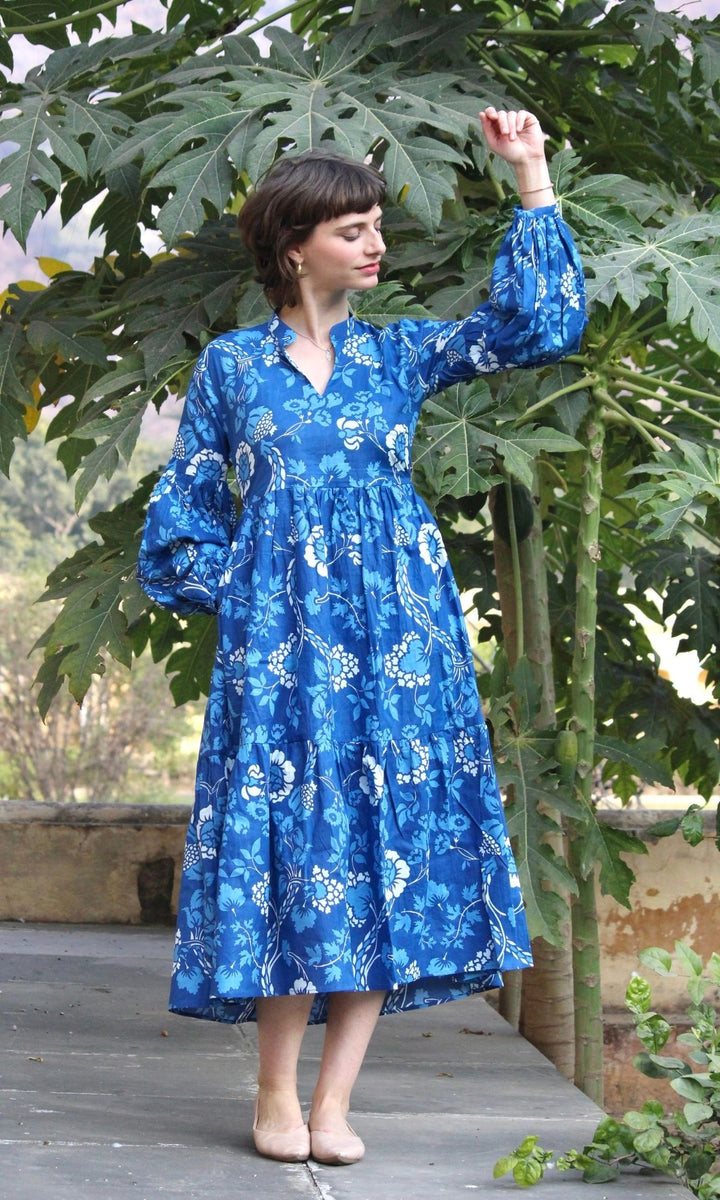 Blue Carnation Balloon Sleeve Dress